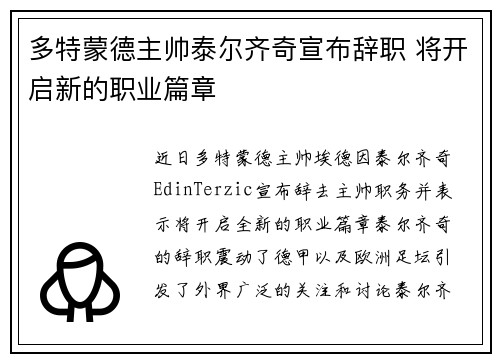 多特蒙德主帅泰尔齐奇宣布辞职 将开启新的职业篇章